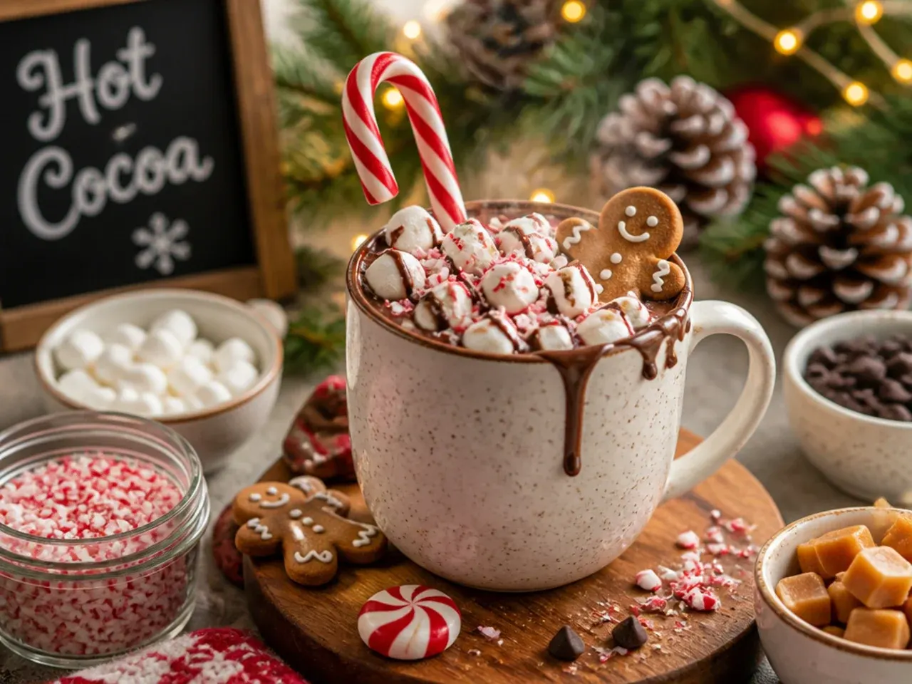 Christmas cocoa bar topping station with labelled bowls of garnishes