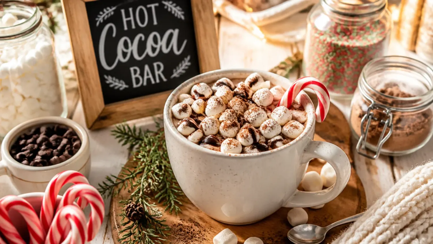 A beautifully styled hot cocoa bar decor setup with mugs, marshmallows, and toppings on a wooden tray