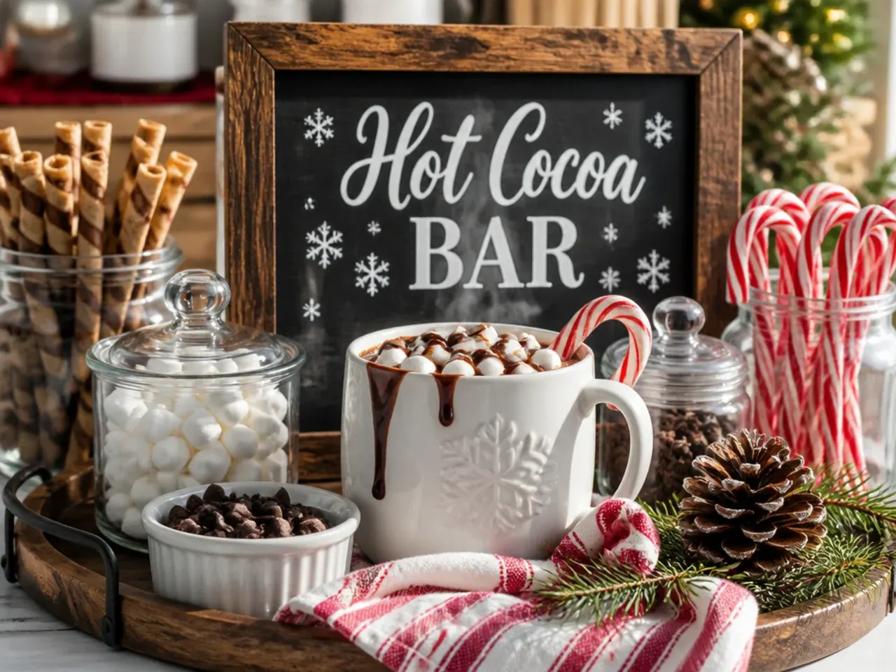 Overhead view of a cosy hot cocoa bar decor table ready for guests