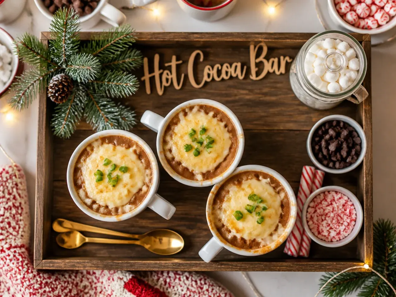 Rustic wooden tray styled with hot cocoa bar decor mugs and toppings