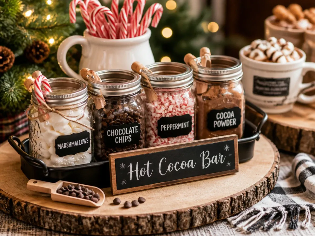 Mason jars filled with toppings as easy hot cocoa bar decor