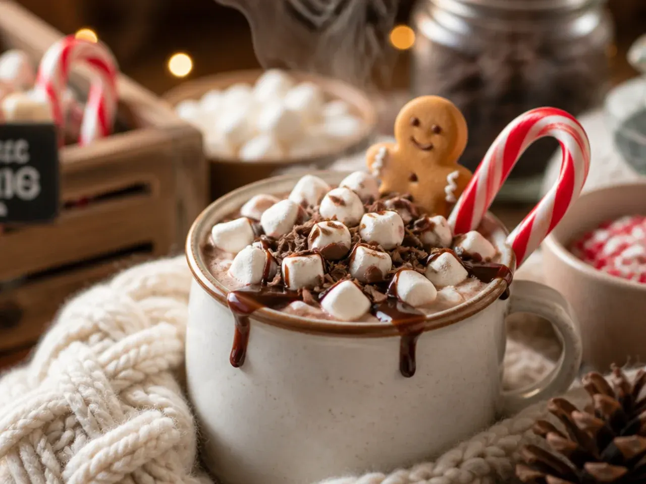 Cozy hot cocoa bar decor corner with blankets and warm lighting