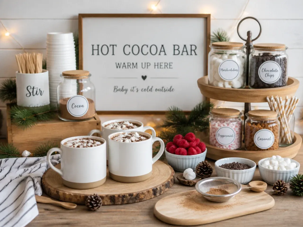 Simple white and kraft-paper styled hot cocoa bar decor