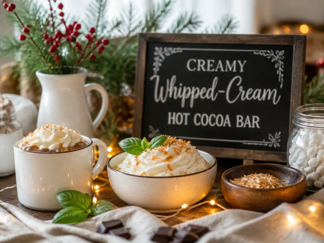 Whipped cream station as part of creamy hot cocoa bar decor