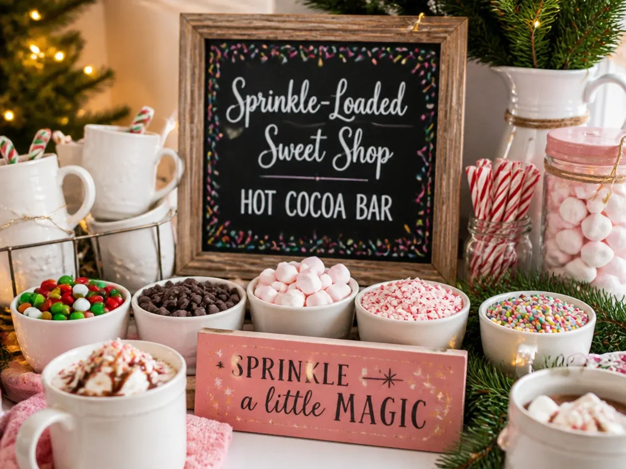 Colourful sweet shop style hot cocoa bar decor with sprinkles
