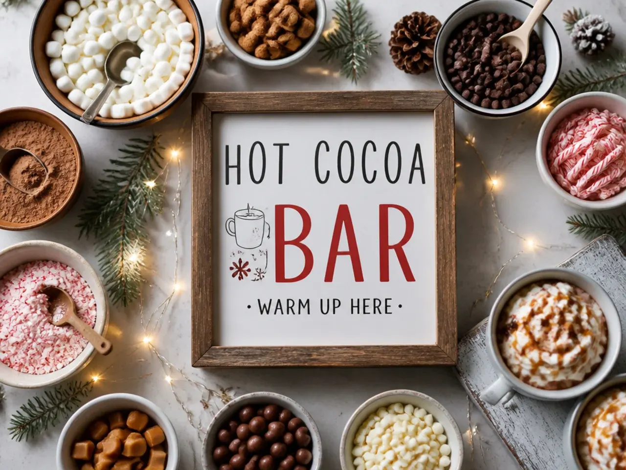 Budget-friendly hot cocoa bar decor using thrifted mugs and jars