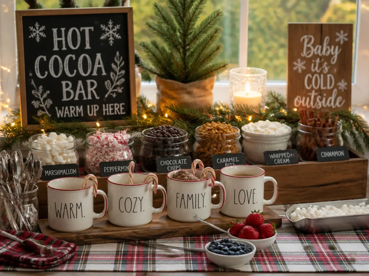 Family-friendly hot cocoa bar decor with kid-safe mugs and toppings