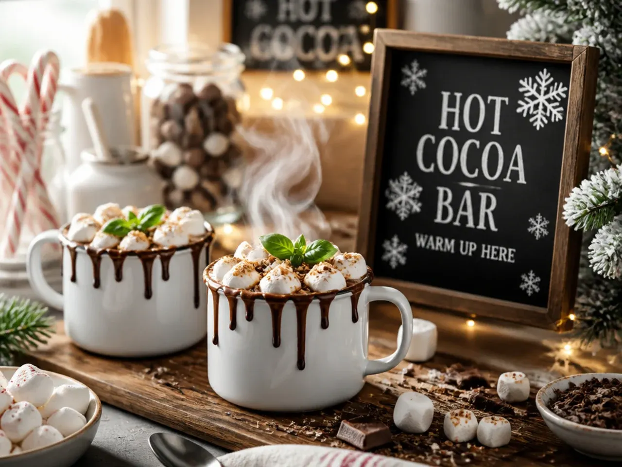 Festive winter wonderland hot cocoa bar decor with fairy lights