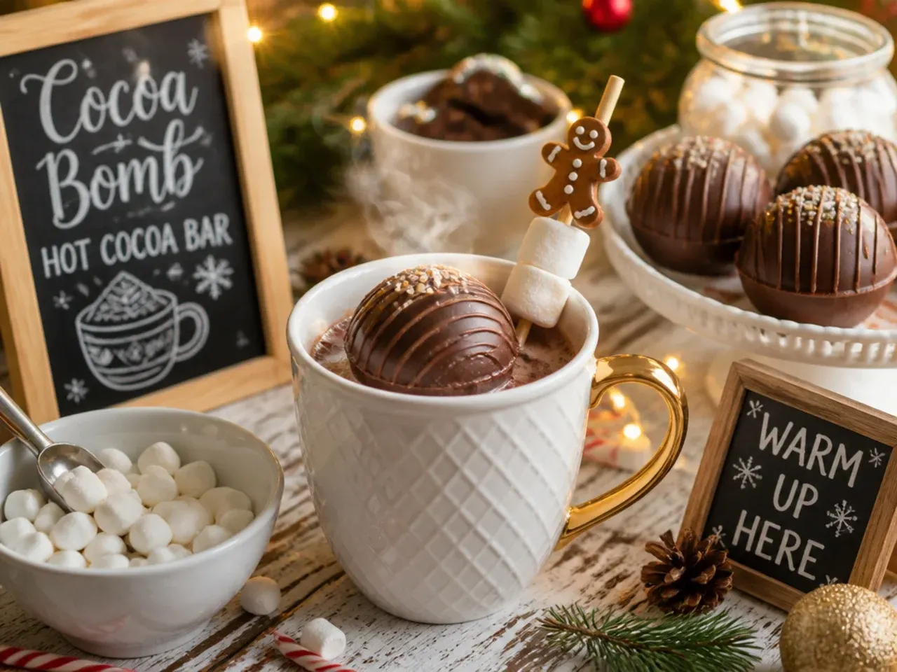 Homemade hot chocolate bombs styled as hot cocoa bar decor