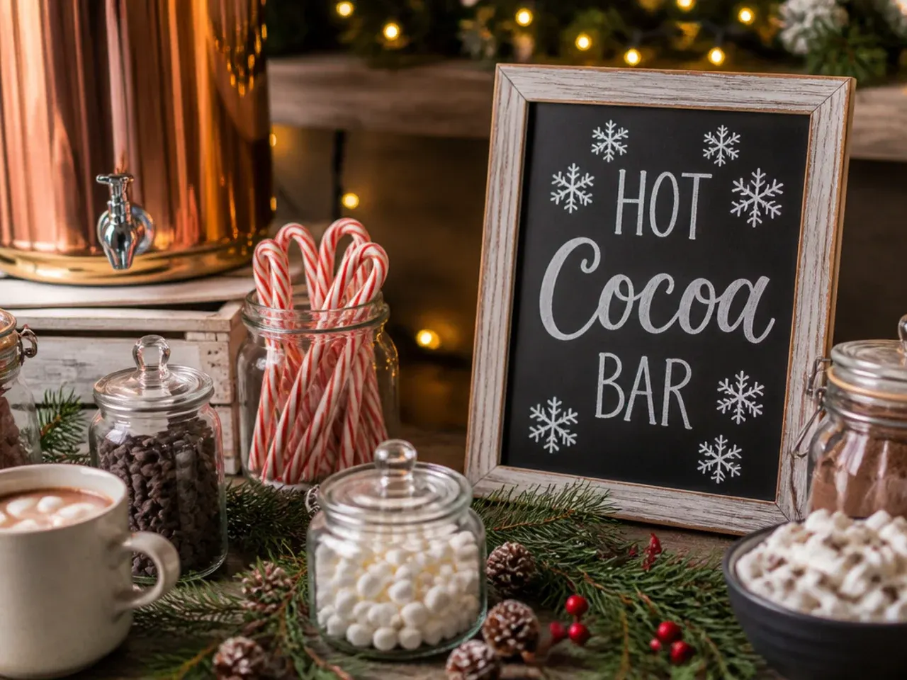 Garnished mugs of hot cocoa with candy cane stirrers and toppings
