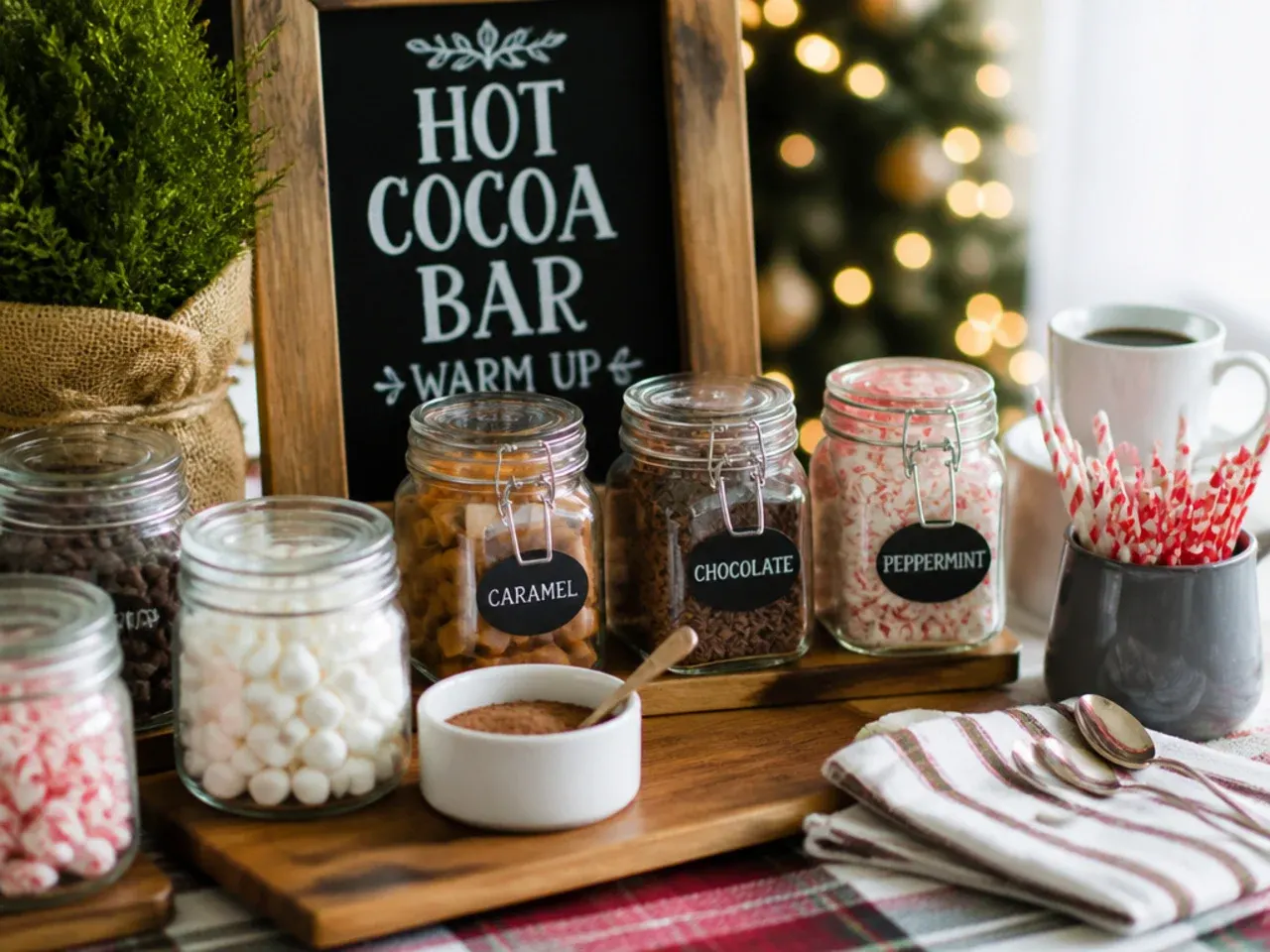 Batch-prepped hot cocoa bar decor jars ready to store