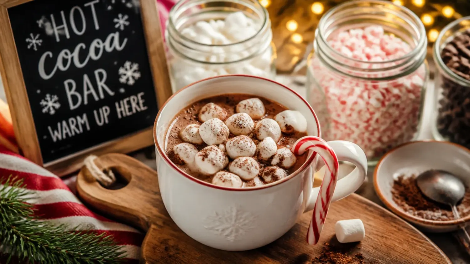 A kid-height hot cocoa bar with short mugs of warm cocoa, shallow bowls of marshmallows and sprinkles, and a stack of napkins