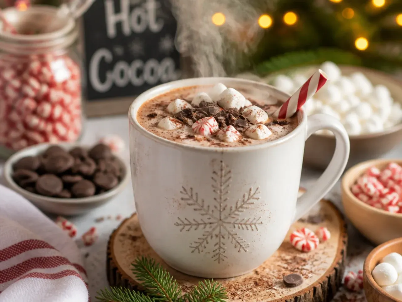 A hand testing the warmth of a jug of hot cocoa against the back of the wrist before pouring