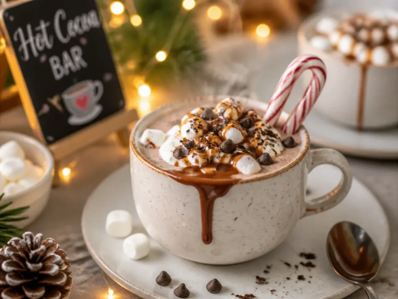 A less sweet base hot cocoa in a mug next to a tray of sweet toppings