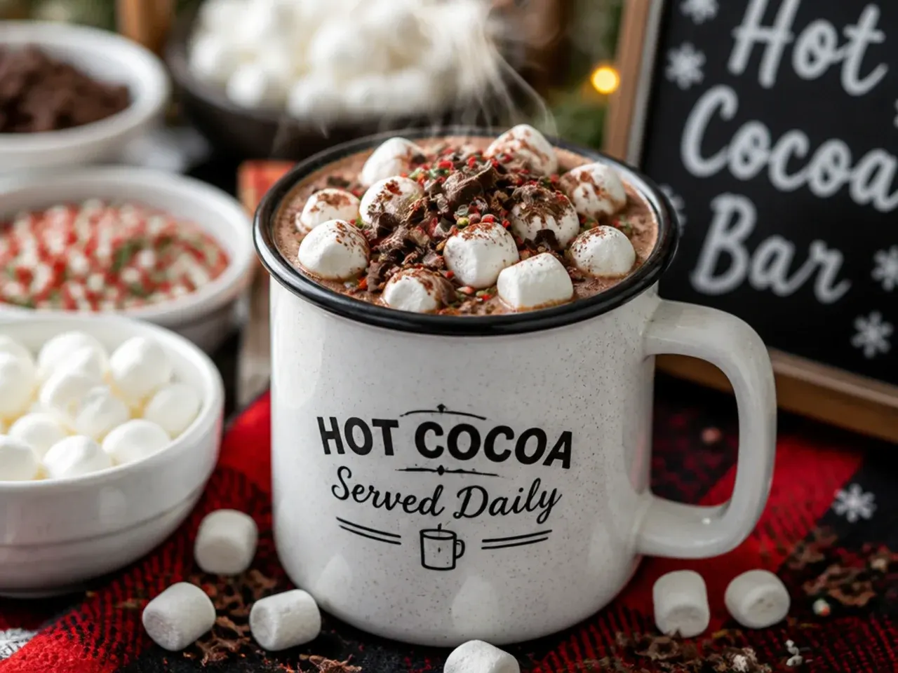 Short plastic mugs of hot cocoa with sturdy handles lined up for kids