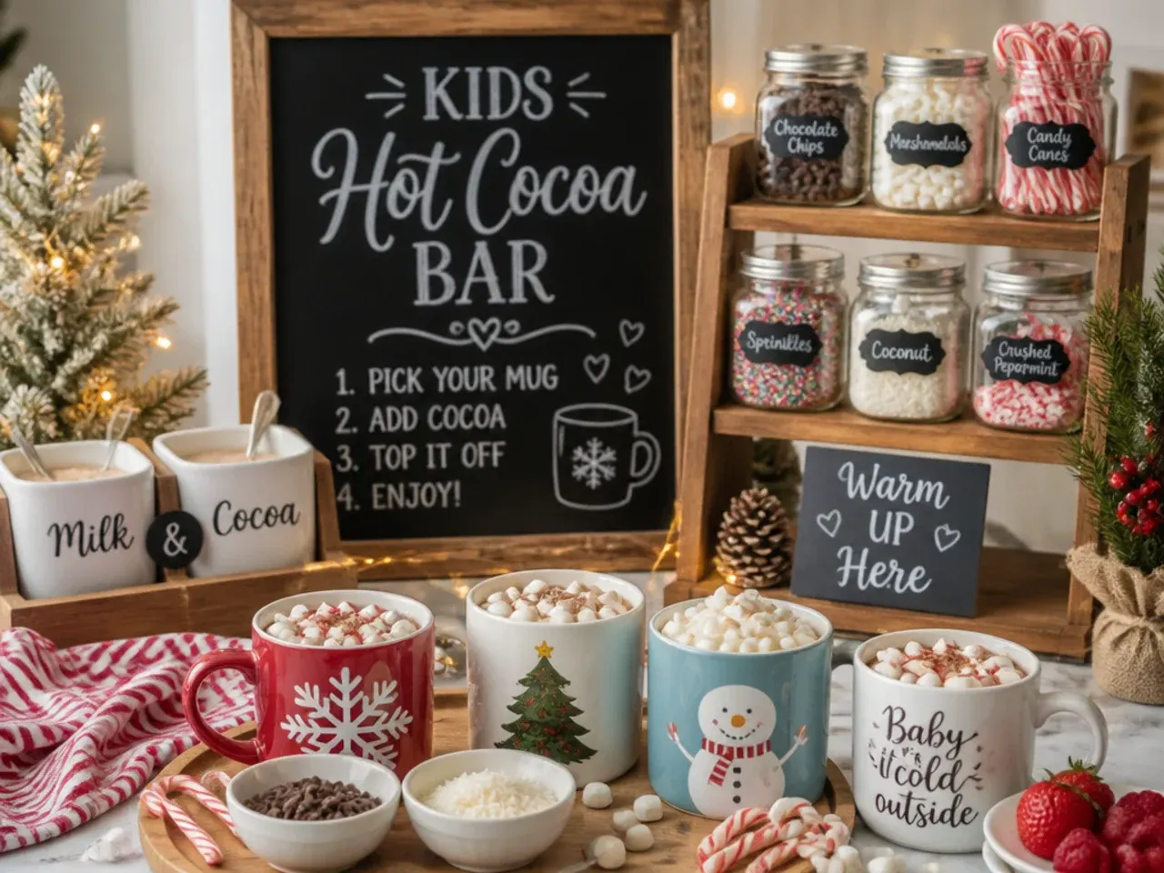Small portioned bowls of chocolate chips and sprinkles with short spoons for a kids hot cocoa bar