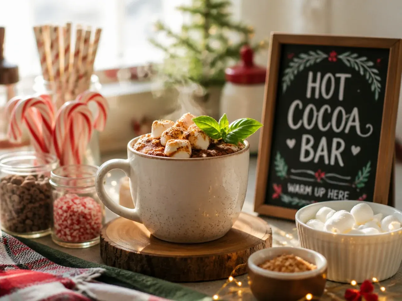 A jar of premixed cocoa powder and sugar next to a saucepan of warming milk