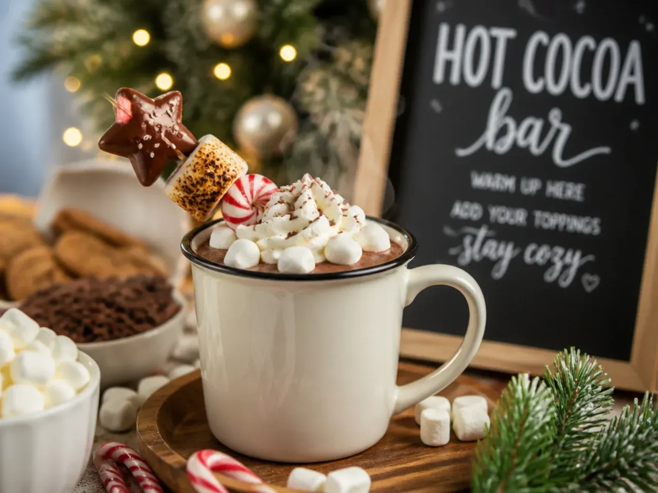 A labelled jug of dairy-free milk next to the regular milk on a hot cocoa bar table