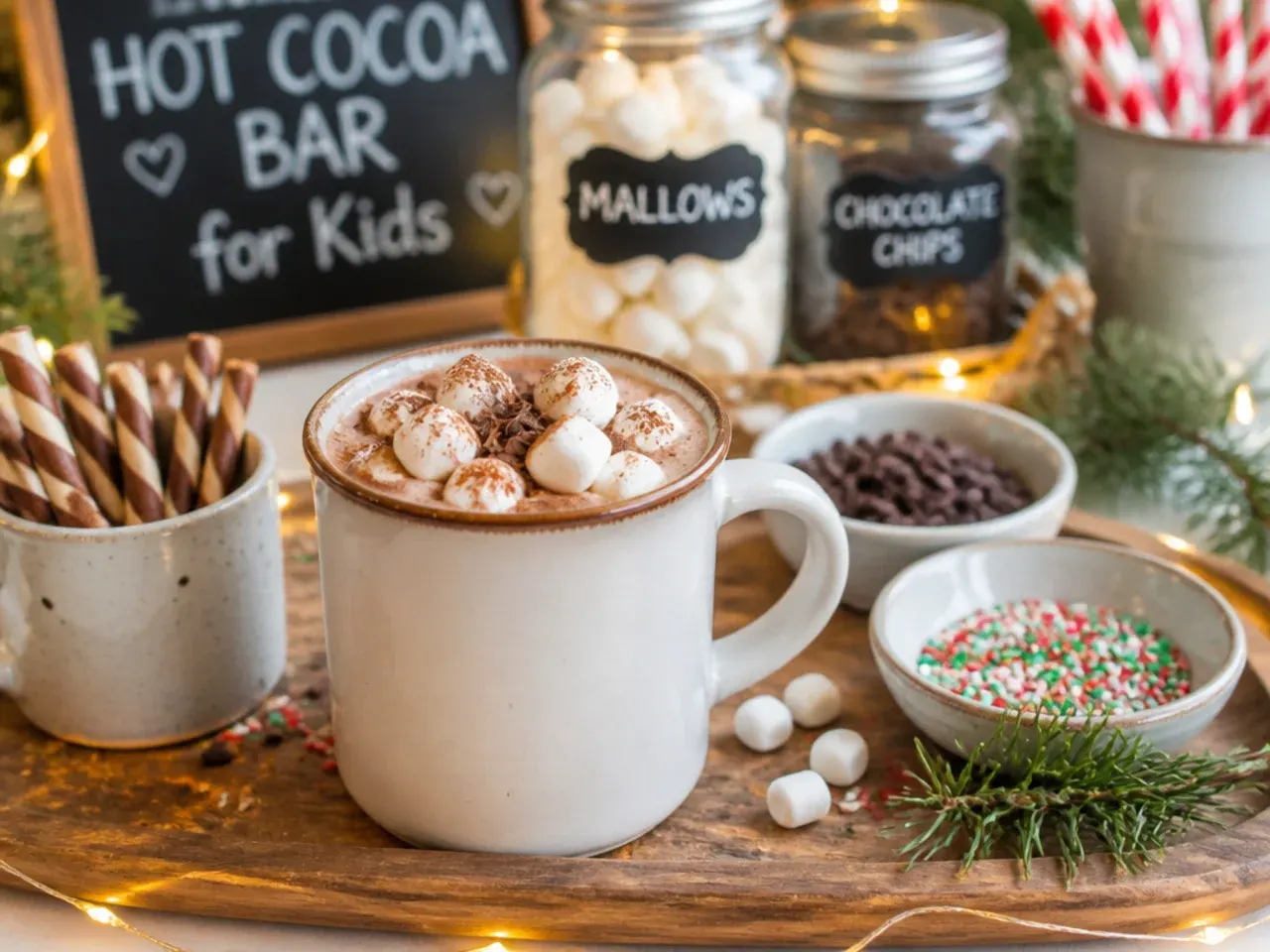 A small bowl of crushed candy cane pieces instead of whole candy canes on a kids hot cocoa bar