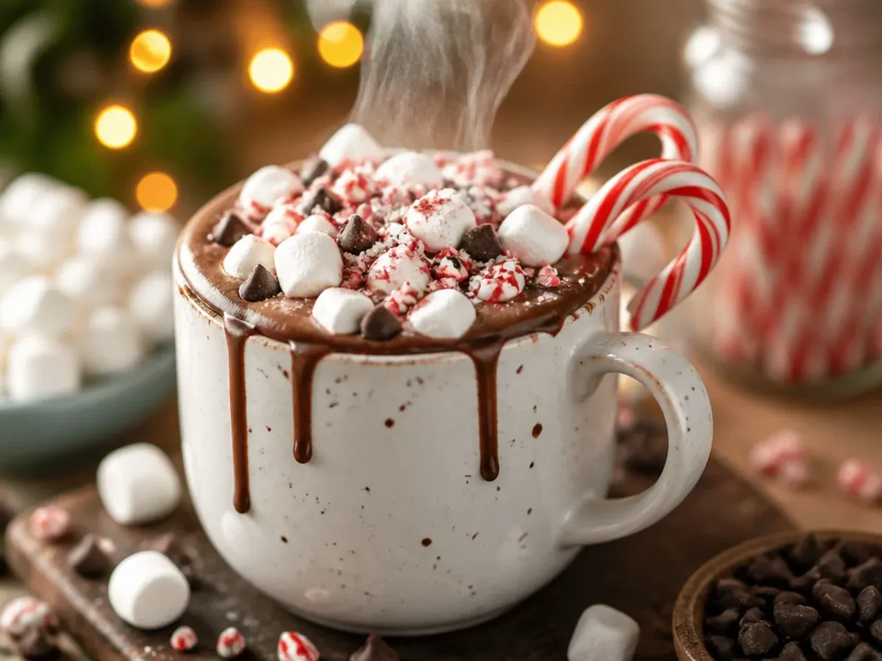 A slow cooker of hot cocoa base being checked and topped up with a splash of cold milk