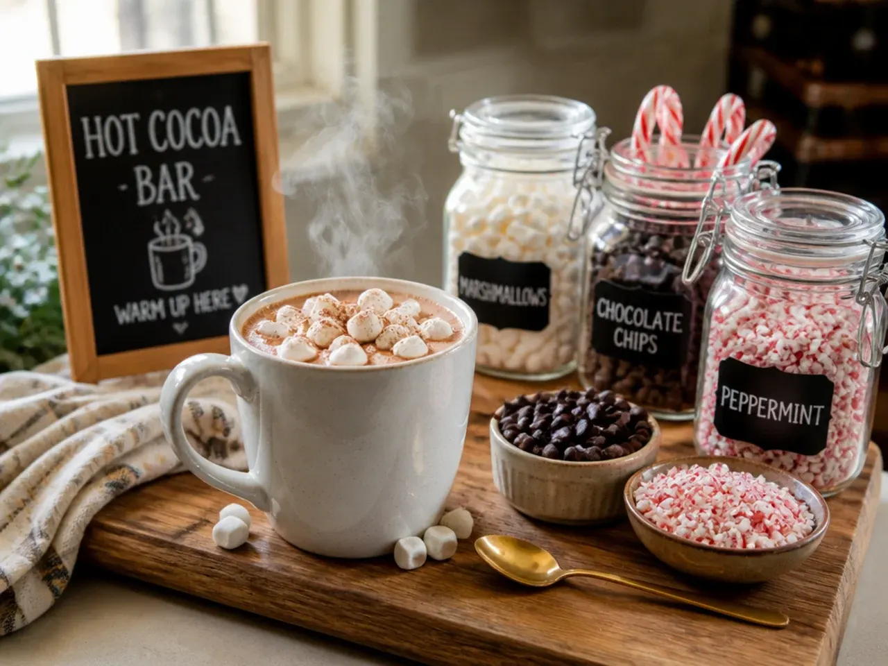 A finished kids hot cocoa bar table set up safely with warm mugs and organised toppings within easy reach