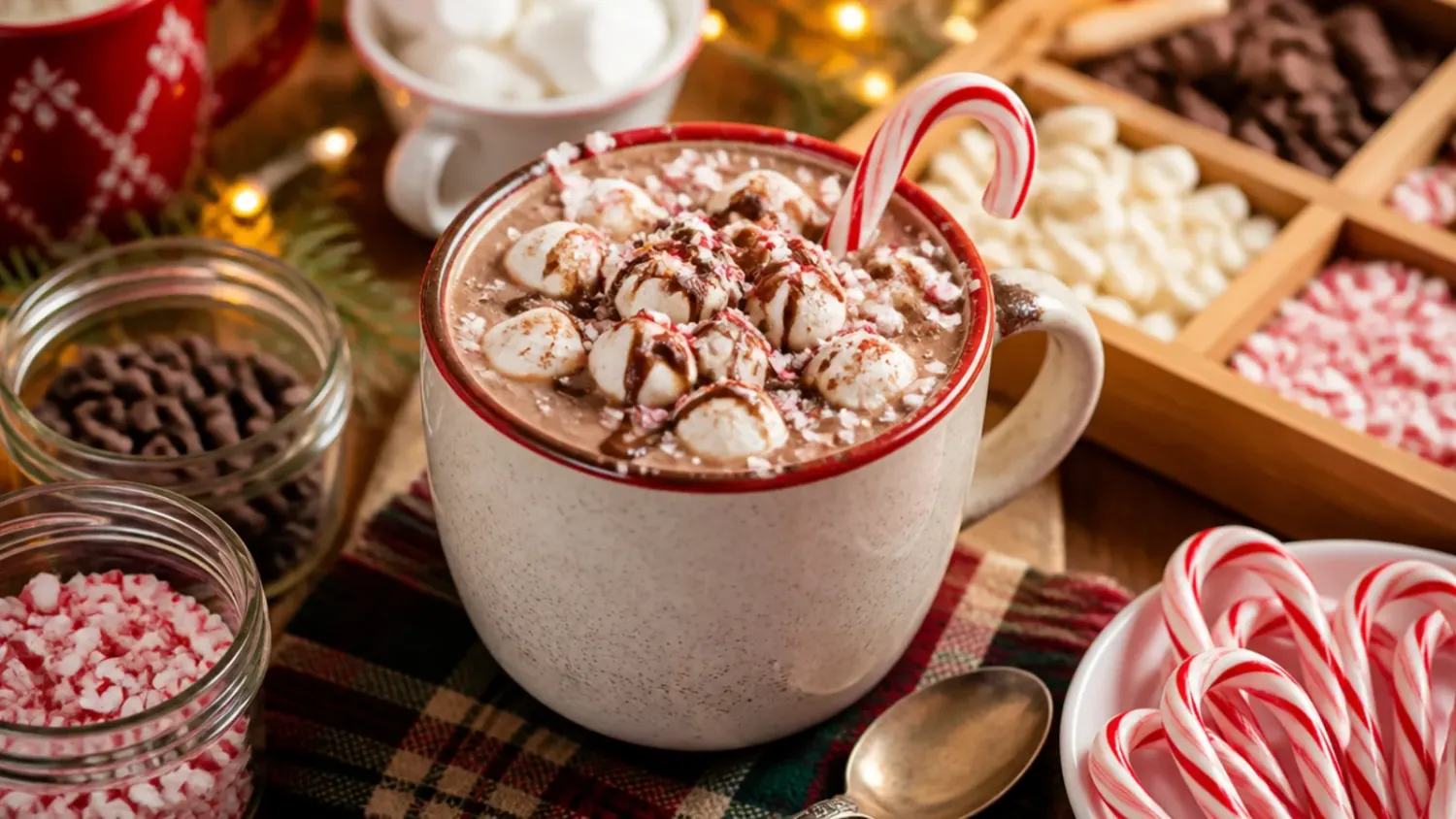 A festive hot cocoa bar with mugs of hot chocolate, marshmallows, candy canes and toppings laid out on a table