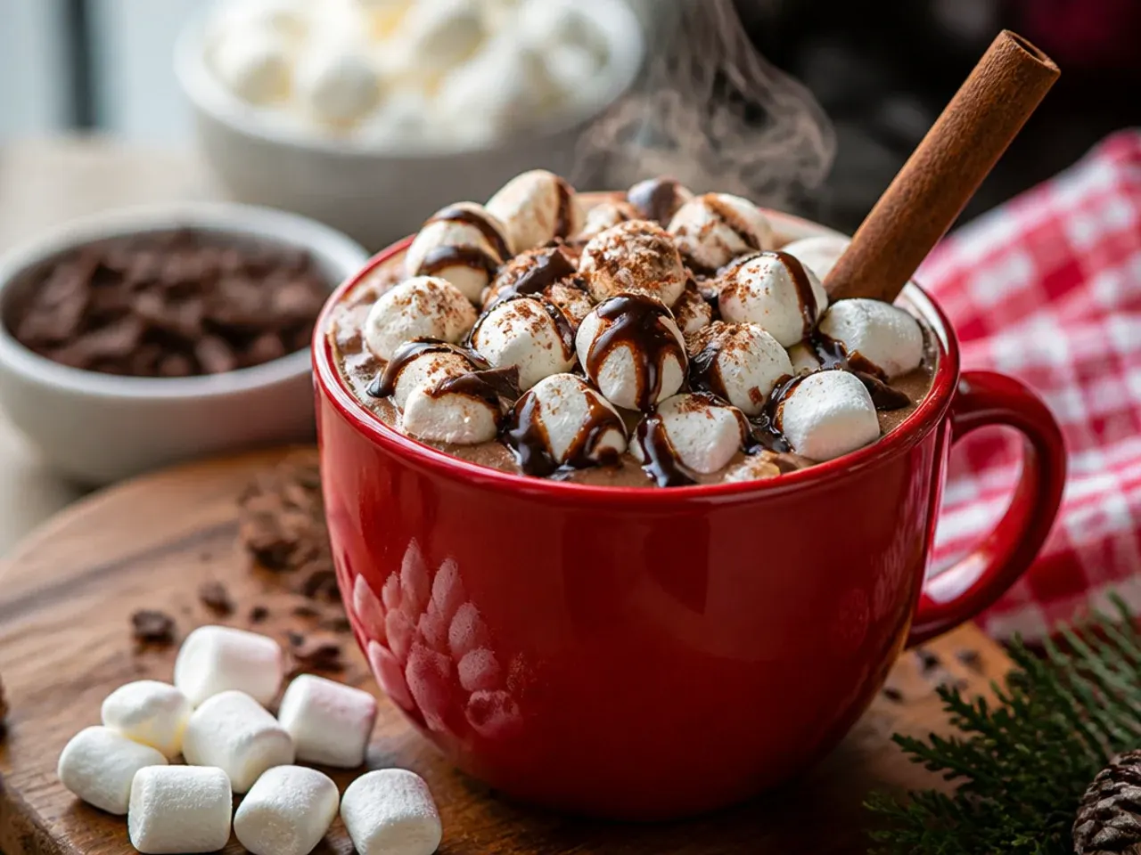 Overhead shot of a Christmas morning table with several mugs of hot cocoa and toppings