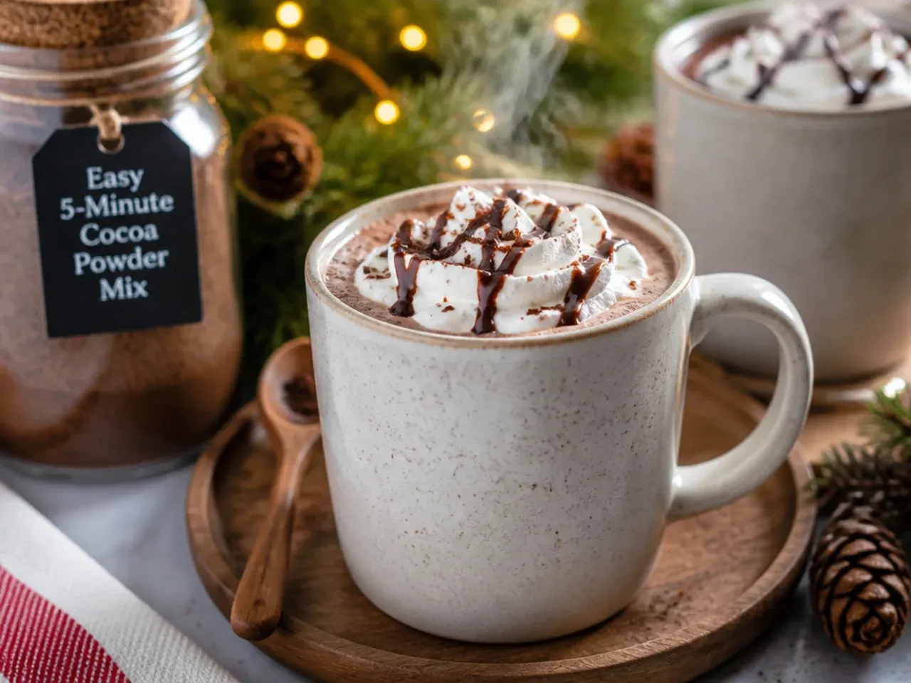 Mug of simple cocoa powder hot chocolate being stirred with a spoon
