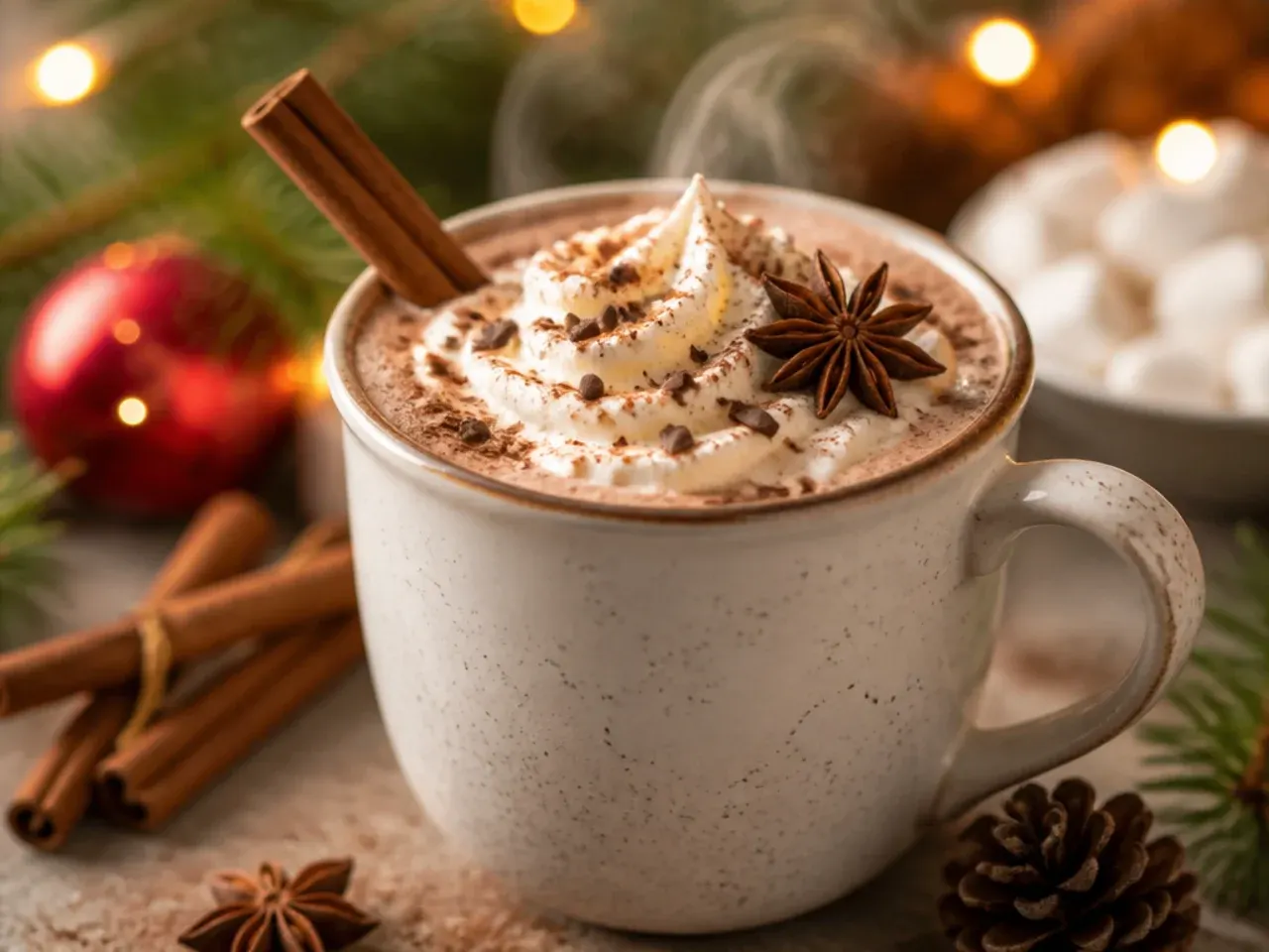 Spiced hot chocolate mug with a cinnamon stick and orange peel garnish