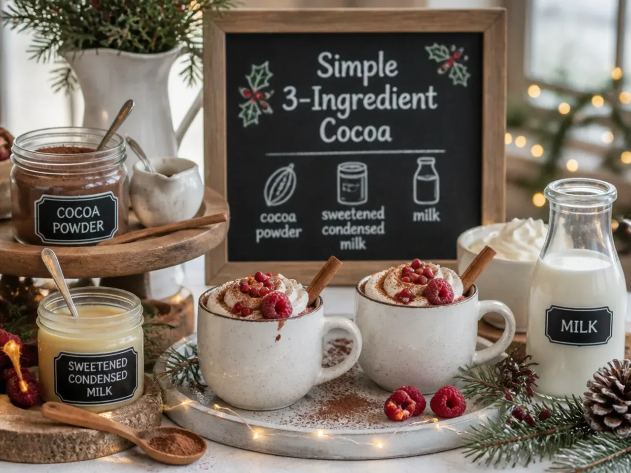 Plain three-ingredient hot chocolate in a white mug on a wooden table