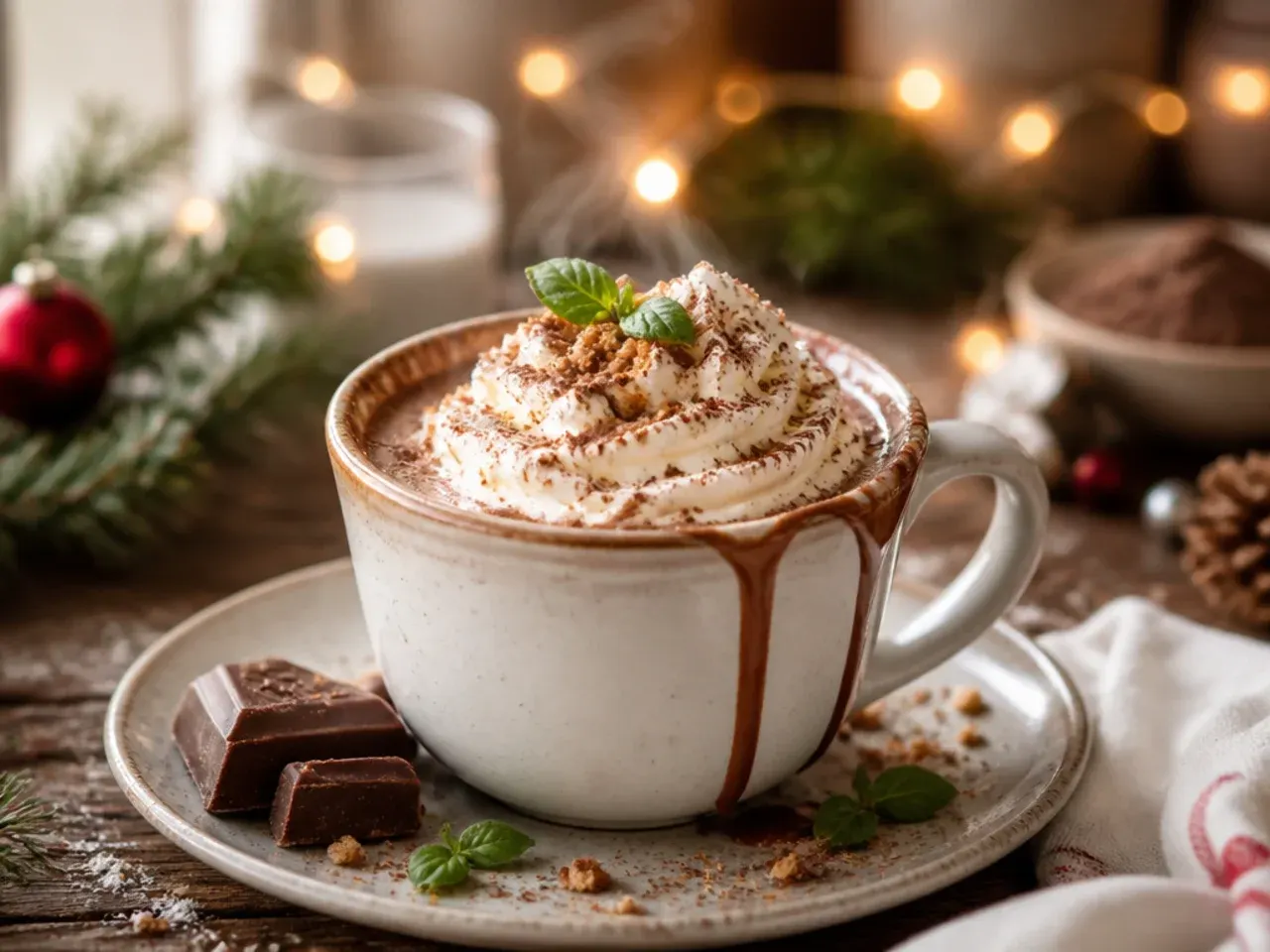 Extra creamy hot chocolate topped with a swirl of whipped cream