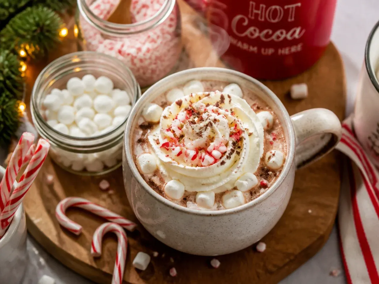 Hot cocoa loaded with mini marshmallows and crushed candy cane pieces