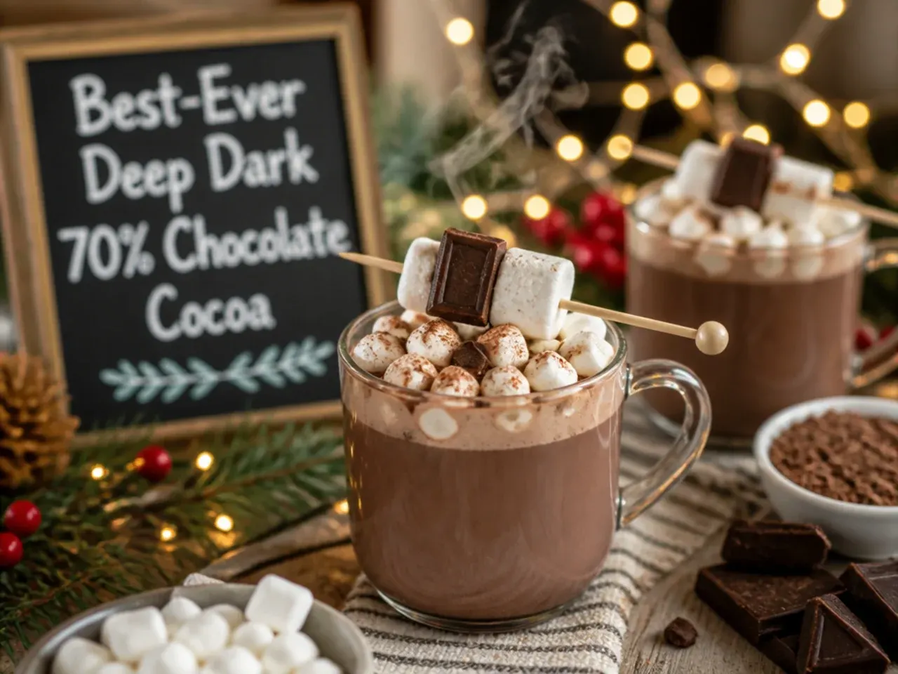 Small mug of intensely dark hot chocolate made with 70% chocolate