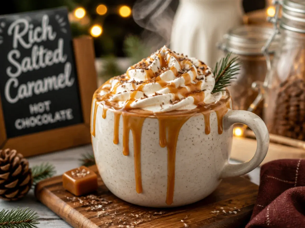 Hot chocolate mug swirled with salted caramel sauce and topped with cream