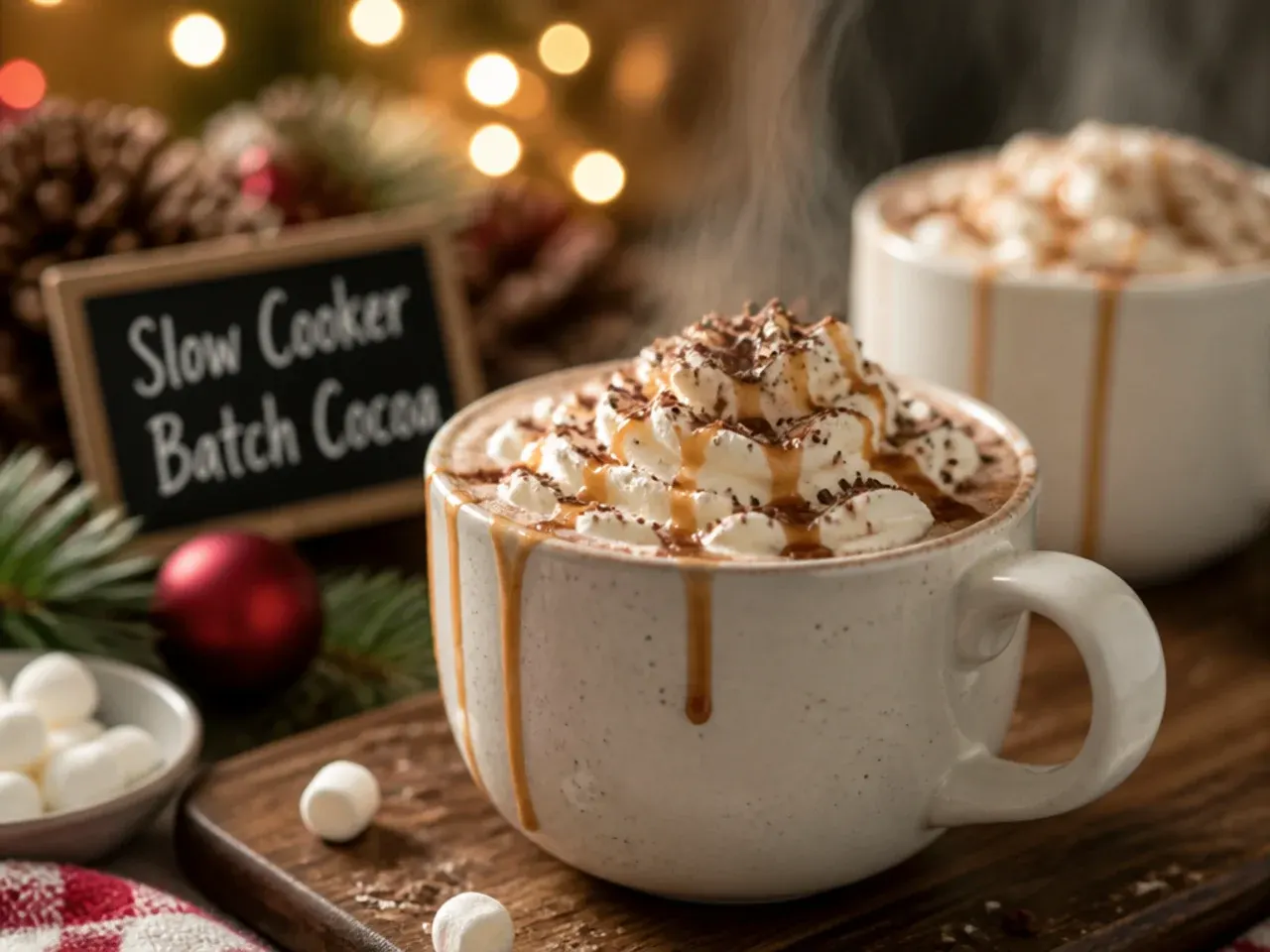 Slow cooker filled with hot cocoa ready for guests to serve themselves