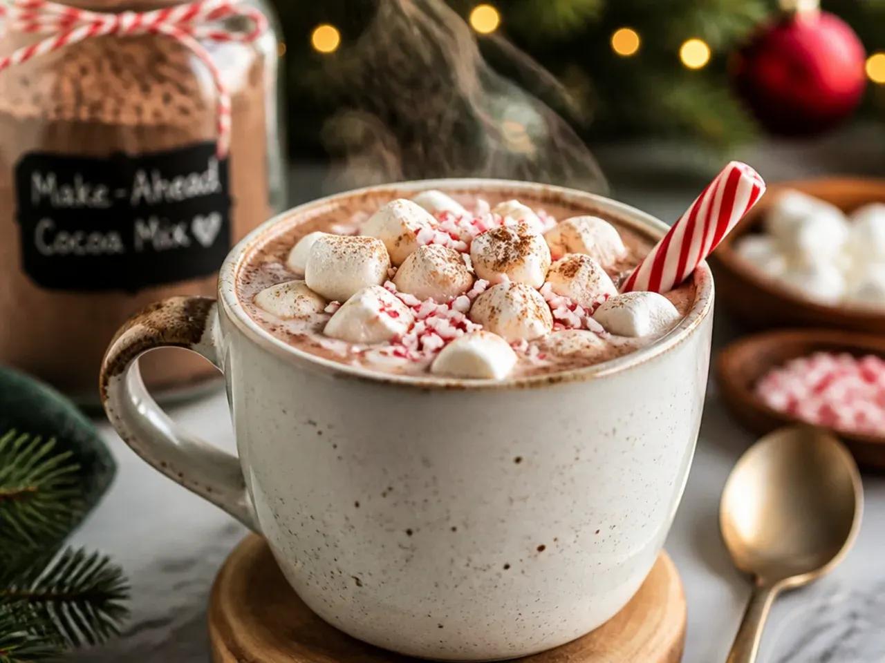 Glass jar of homemade cocoa mix with a wooden spoon and ribbon