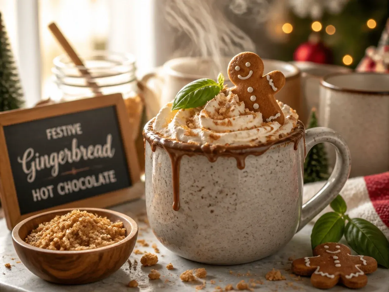 Gingerbread-spiced hot chocolate topped with crumbled gingerbread biscuit