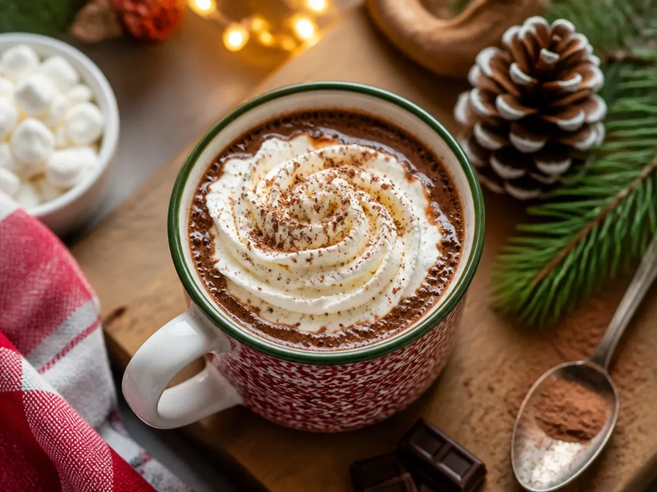 Single mug of microwave hot cocoa being stirred with steam rising