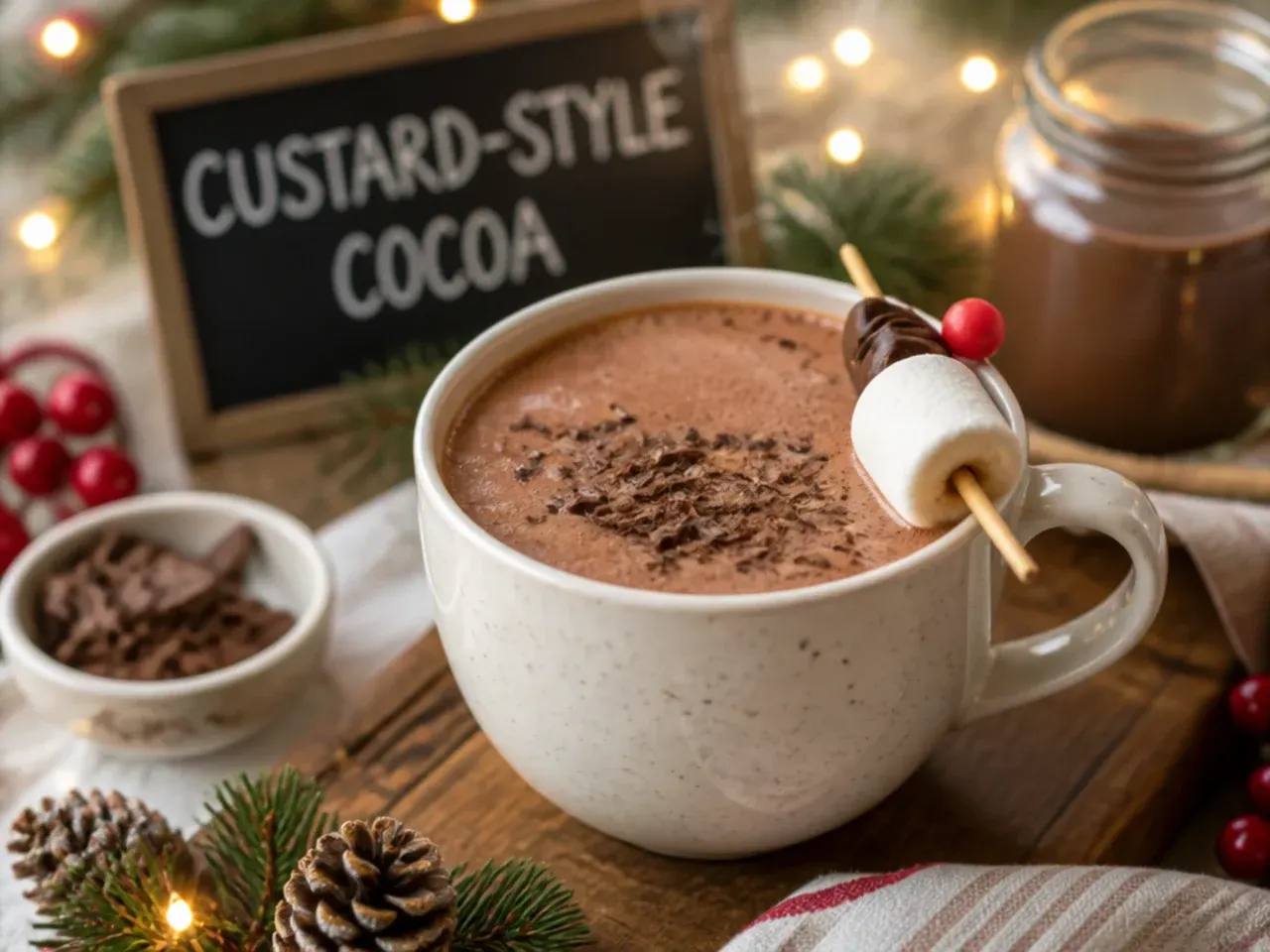 Silky custard-style hot chocolate in a glass mug