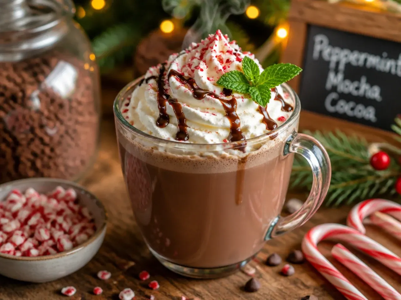 Peppermint mocha hot chocolate topped with whipped cream and cocoa dusting