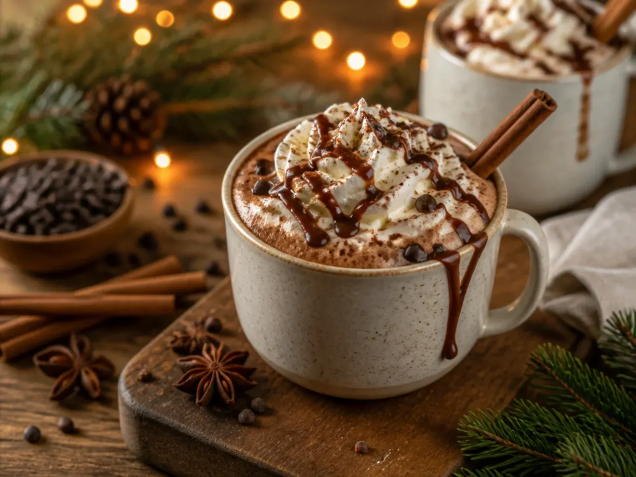Chai-spiced hot chocolate dusted with cinnamon in a ceramic mug