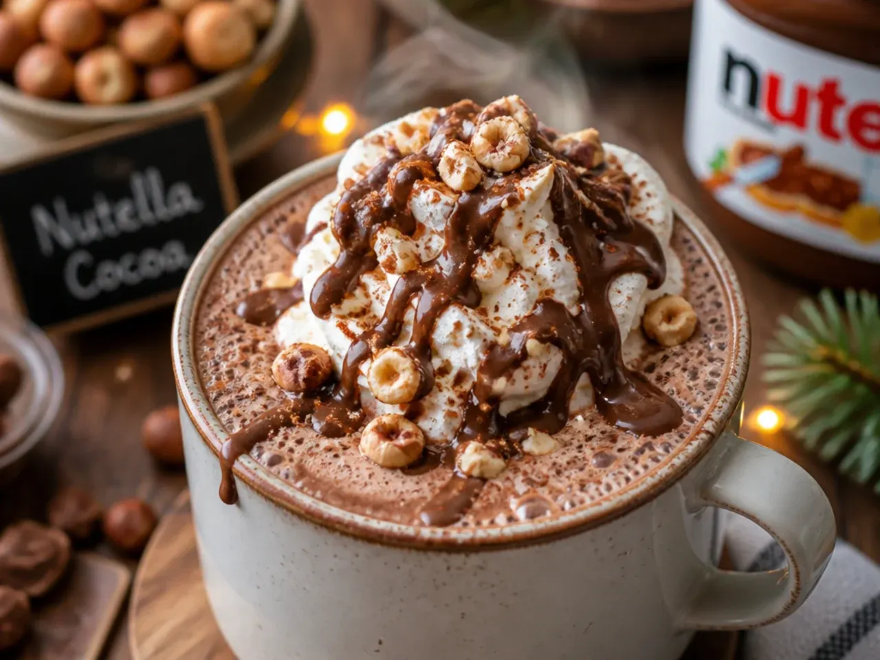 Hazelnut chocolate spread hot cocoa topped with crushed toasted hazelnuts
