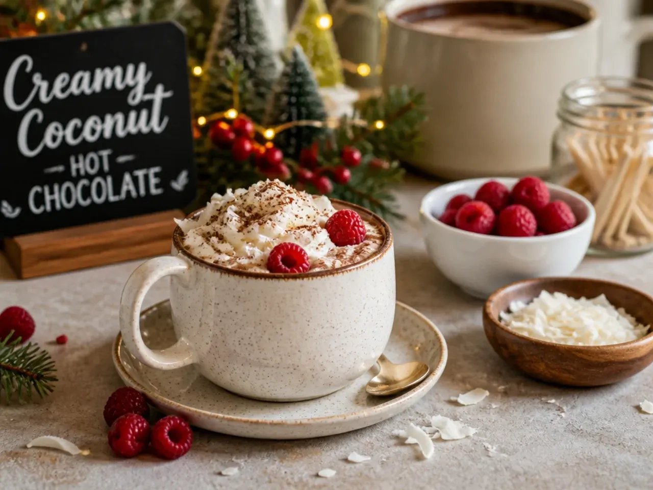 Coconut hot chocolate topped with toasted coconut flakes