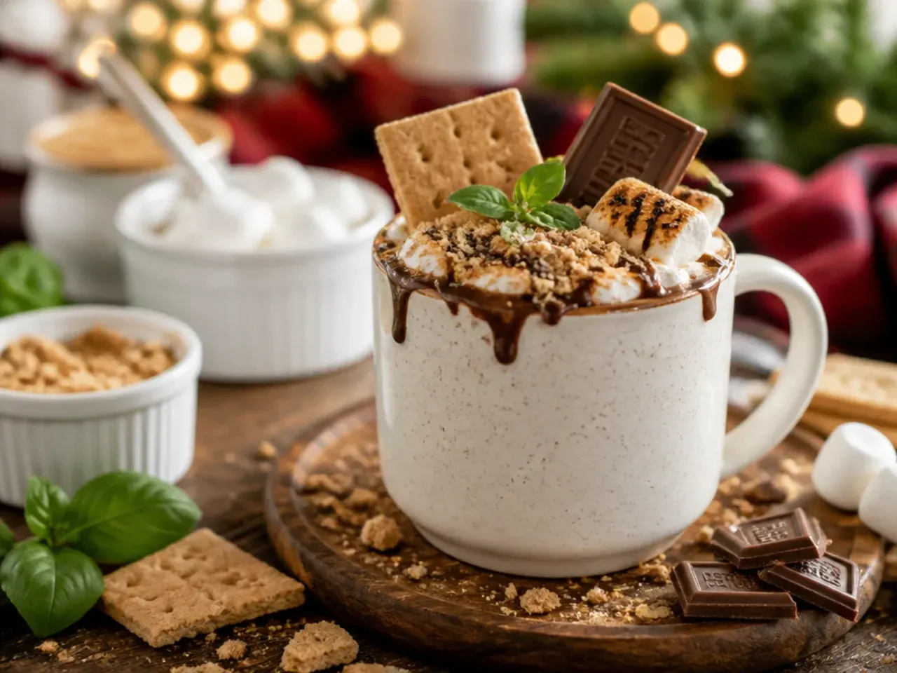 S'mores hot chocolate with a biscuit-crumb rim and toasted marshmallows on top