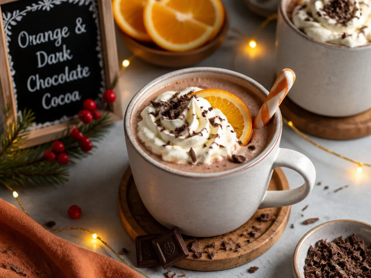 Dark chocolate and orange hot cocoa garnished with a curl of orange peel