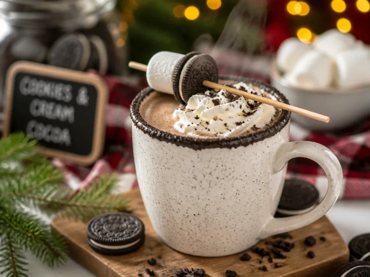 Cookies and cream hot chocolate topped with crushed chocolate sandwich biscuits