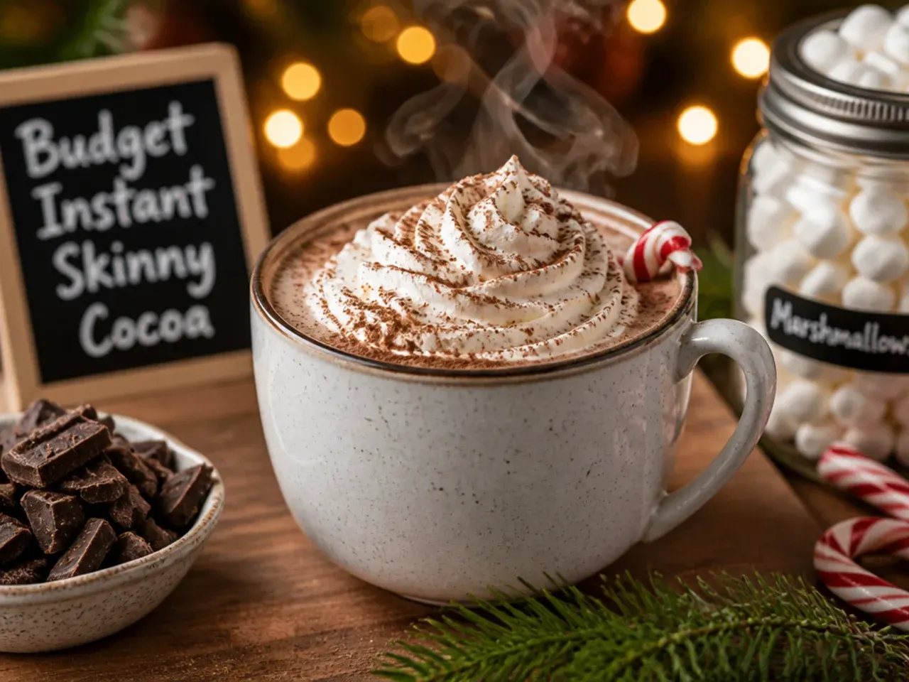 Light hot cocoa made with skimmed milk in a simple mug