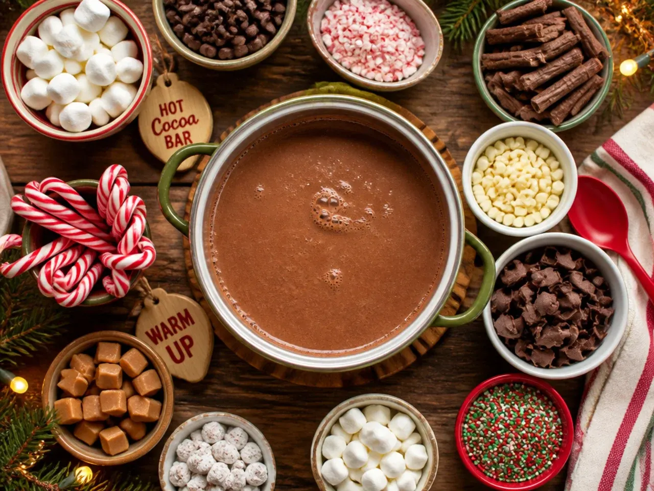 Build-your-own hot cocoa station with a large pot of cocoa and bowls of toppings