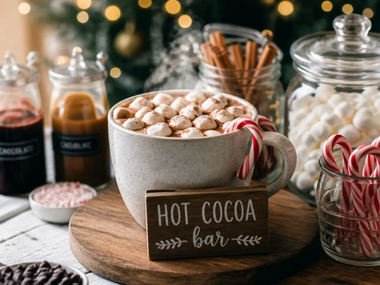 Finished hot cocoa mugs garnished with whipped cream, chocolate shavings and a cinnamon stick