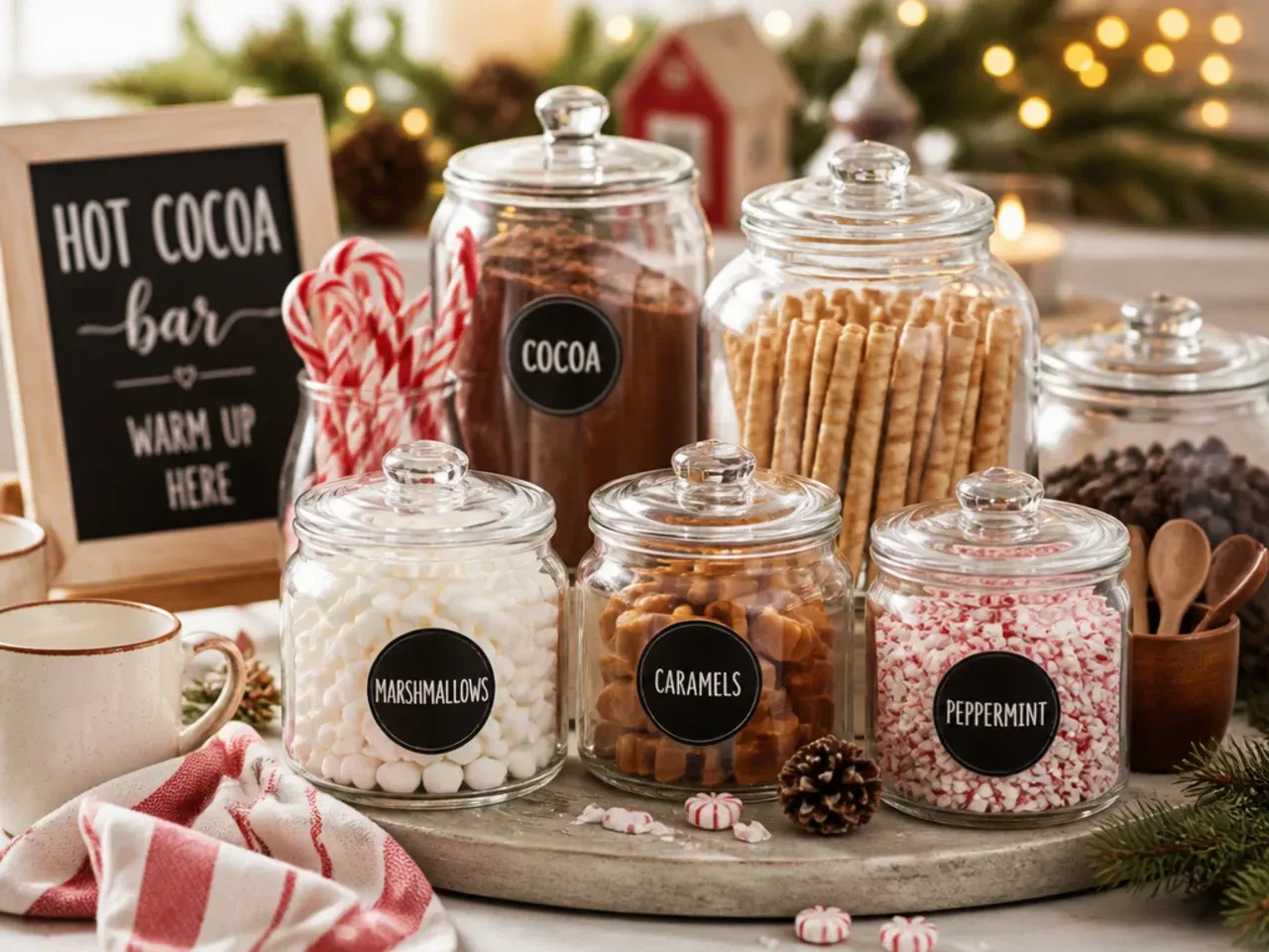 Labelled jars of cocoa mix and toppings prepped ahead for Christmas morning